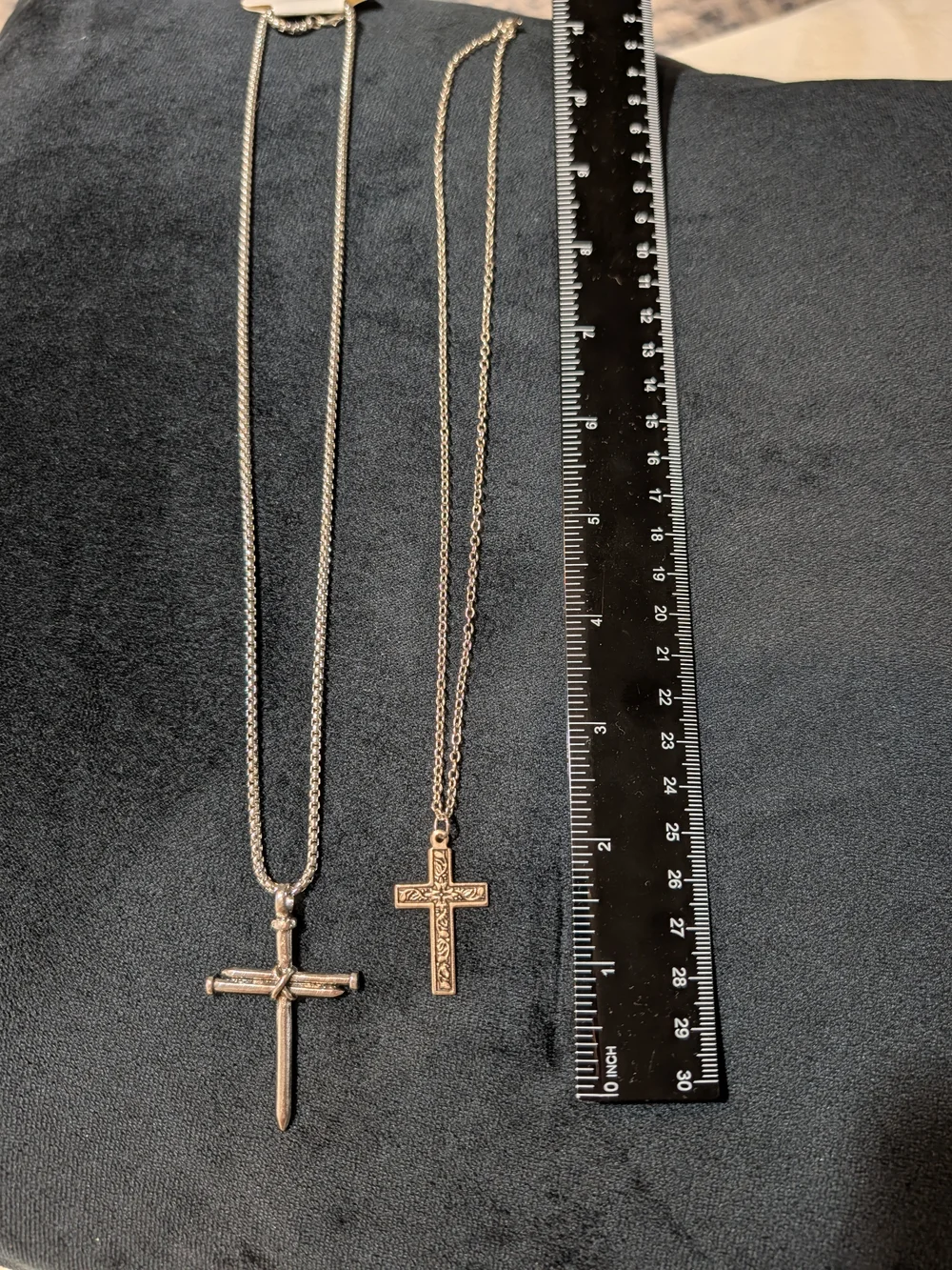 Lot of 2 Silver Tone Cross Charm Pendant Chain Necklaces Religious